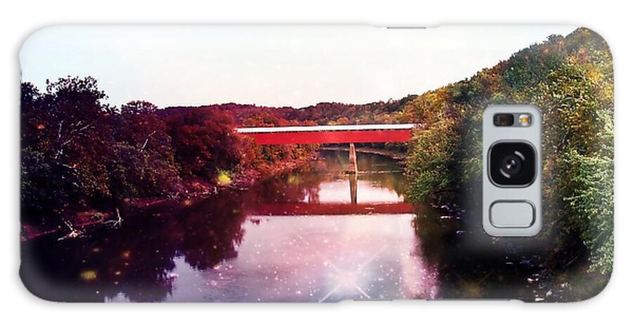 Covered Bridge Galaxy Case featuring the mixed media Red Bridge at Twilight by Stacie Siemsen