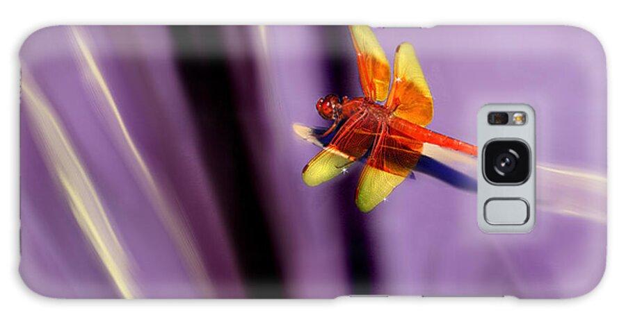 Dragonfly Galaxy S8 Case featuring the mixed media Red Dragonfly on Purple Background by Lisa Redfern