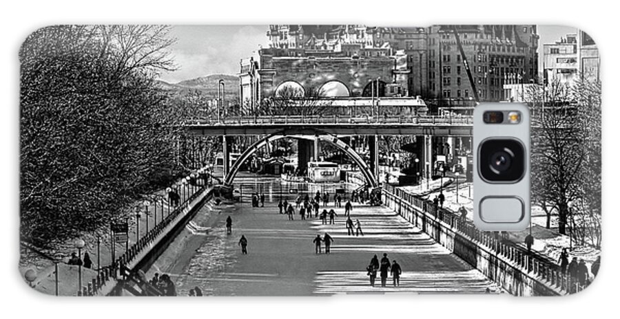 Rideau Canal Galaxy Case featuring the photograph Rideau Canal is open for skating BW by Tatiana Travelways
