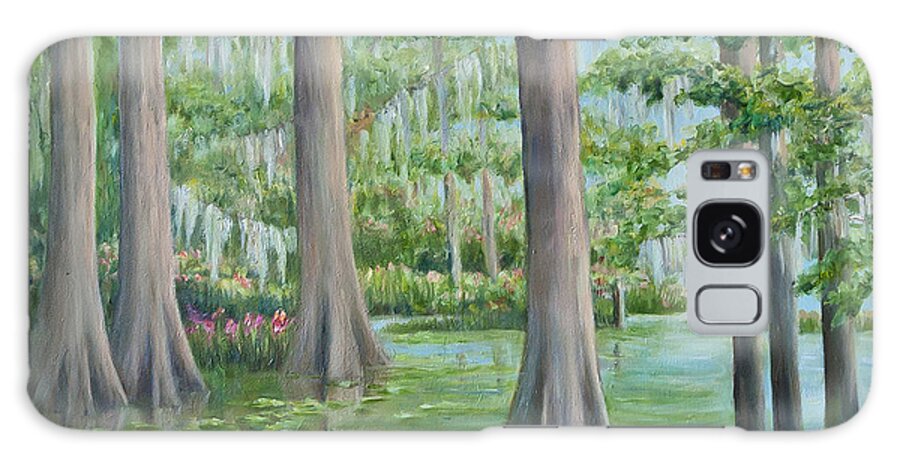 Flowers And Cypress Trees Galaxy Case featuring the painting Romancing the Glade by Audrey McLeod