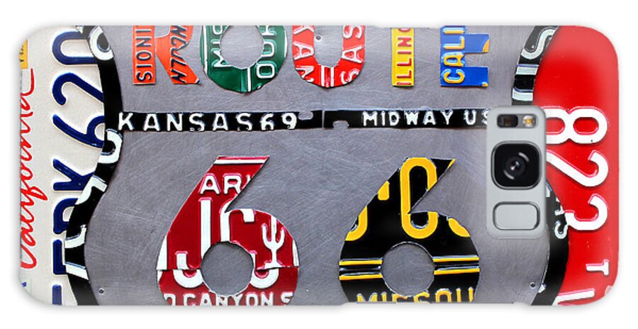 Route 66 Highway Road Sign License Plate Art Travel License Plate Map Galaxy Case featuring the mixed media Route 66 Highway Road Sign License Plate Art by Design Turnpike