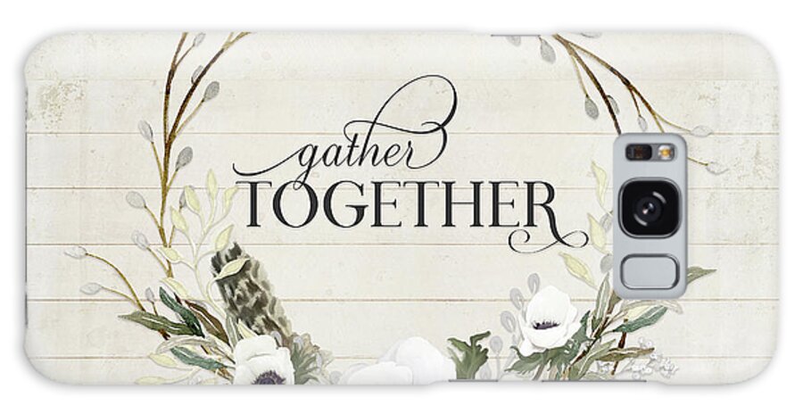Gather Together Galaxy Case featuring the painting Rustic Farmhouse Gather Together Shiplap Wood Boho Feathers n Anemone Floral 2 by Audrey Jeanne Roberts