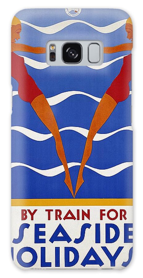 Seaside Holidays Galaxy Case featuring the painting Seaside Holiday - Two Girls in Swimsuits playing on the beach - Vintage Advertising Poster - Minimal by Studio Grafiikka