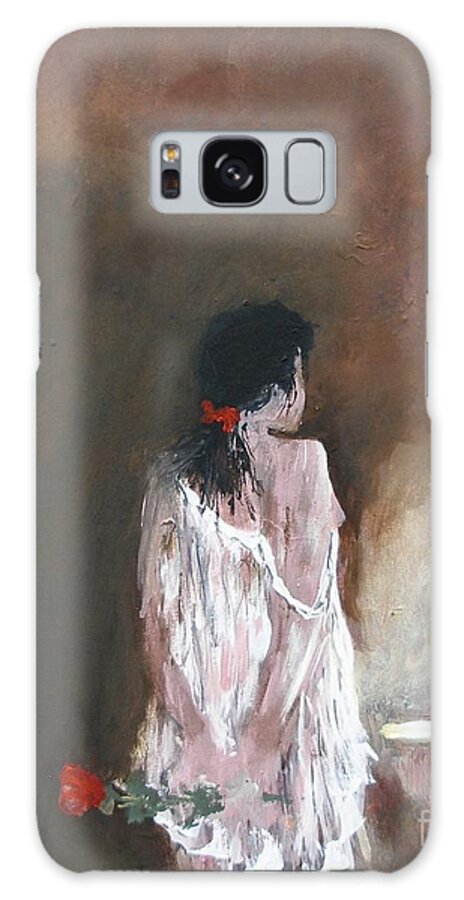Secret Rose Red Woman Night Lamp Light Table Brown Black White Night Dress Hide Figure Hair Dark Ready To Sleep Acrylic On Canvas Print Painting Galaxy Case featuring the painting Secret Rose by Miroslaw Chelchowski