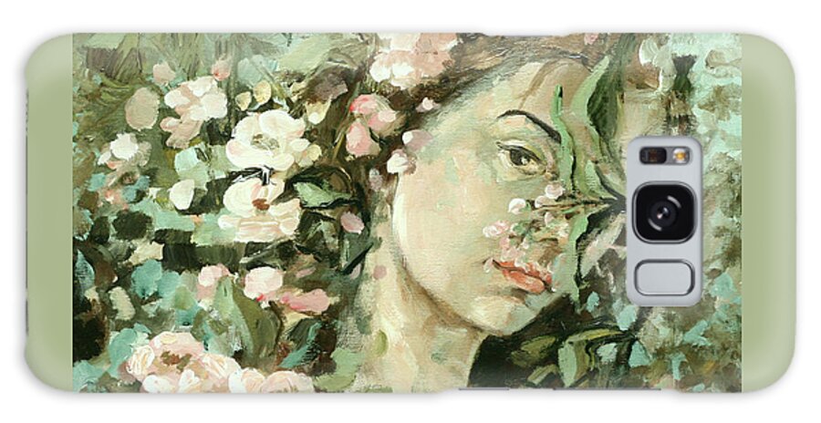 Portrait Galaxy Case featuring the painting Self Portrait With Aplle Flowers by Vali Irina Ciobanu