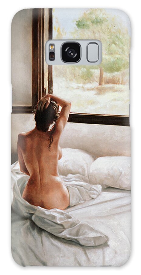 Bed; Waking Up; Female; Woman; Nude; Bedsheets; Sheets; Window; View; Tree Galaxy Case featuring the painting September Morning by John Worthington