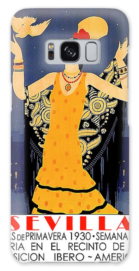 Seville Galaxy Case featuring the painting Seville, festival, lady with pigeons, travel poster by Long Shot