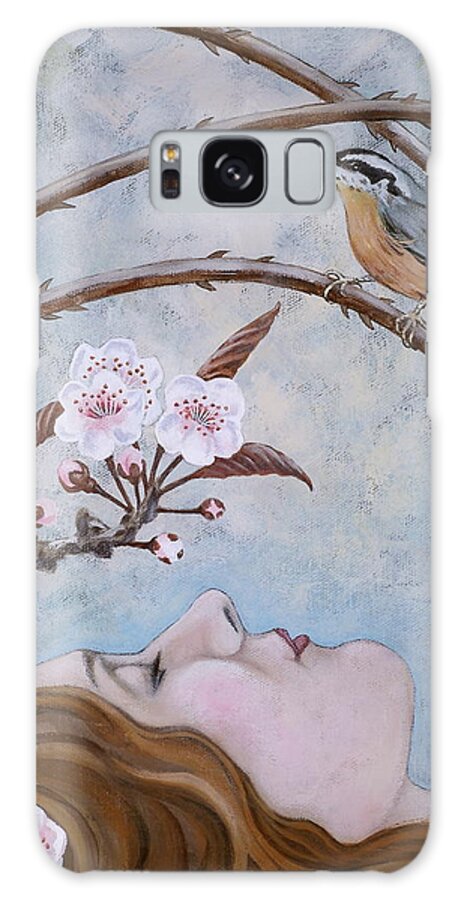 Red Created Nuthatch Galaxy Case featuring the painting She Dreams the Spring by Sheri Howe