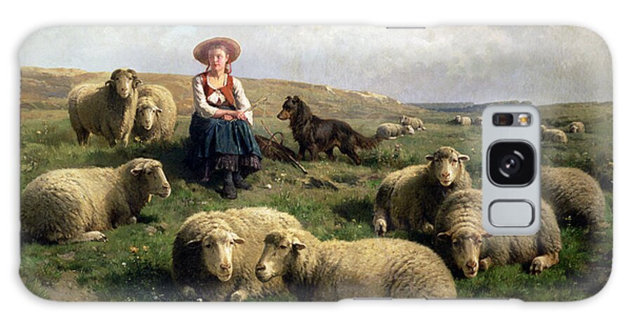 Shepherdess With Sheep In A Landscape By C. Leemputten (1841-1902) And Gerard Galaxy Case featuring the painting Shepherdess with Sheep in a Landscape by C Leemputten and T Gerard