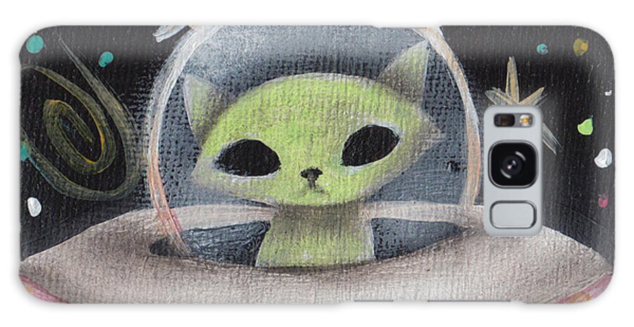 Mid Century Modern Galaxy Case featuring the painting Space Ship Green Cat by Abril Andrade