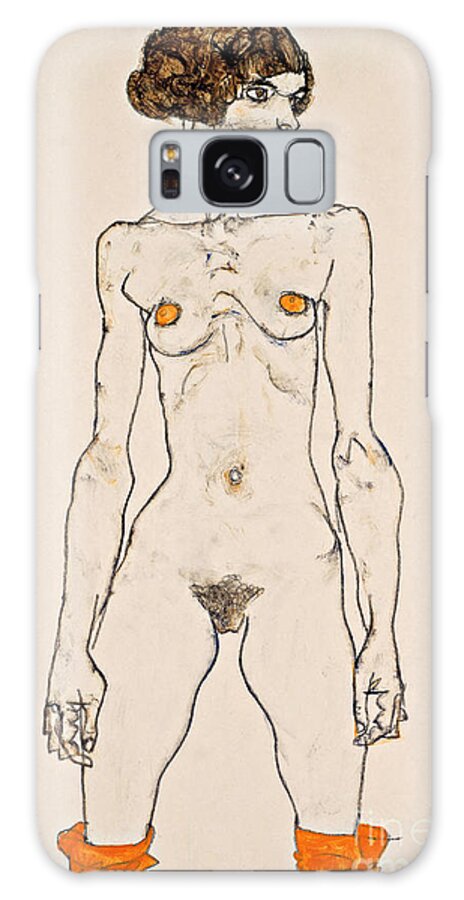 Schiele Galaxy S8 Case featuring the painting Standing Young Female Nude with Orange Colored Stockings by Egon Schiele