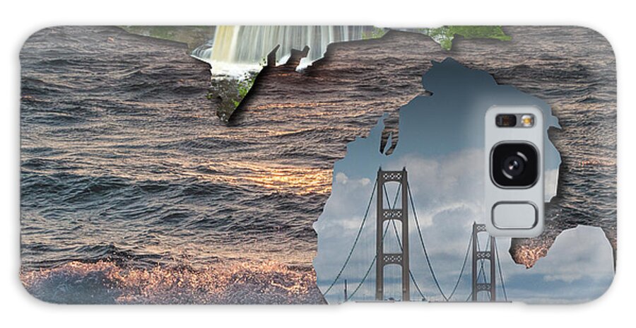 Art Galaxy Case featuring the photograph State of Michigan Map with the Tahquamenon Falls and Mackinaw Bridge by Randall Nyhof