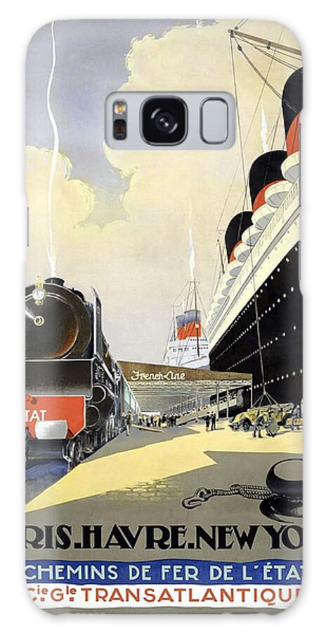 Steamliner Ship Galaxy Case featuring the painting Steam Engine Locomotive and Steamliner Ship - Transatlantic - Paris, Le Havre, New York by Studio Grafiikka