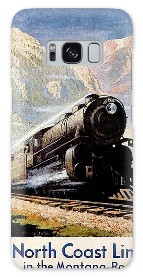 Steam Engine Train Galaxy Case featuring the painting Steam Engine train through the Montana Rockies - Vintage Illustrated Poster by Studio Grafiikka