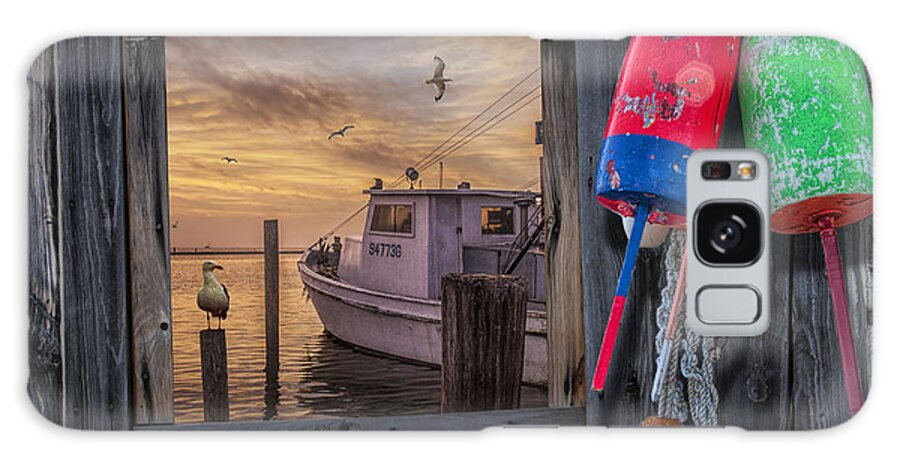 Coast Galaxy Case featuring the photograph Sunrise Photograph of Boat with Gulls and Fishing Buoys by Randall Nyhof