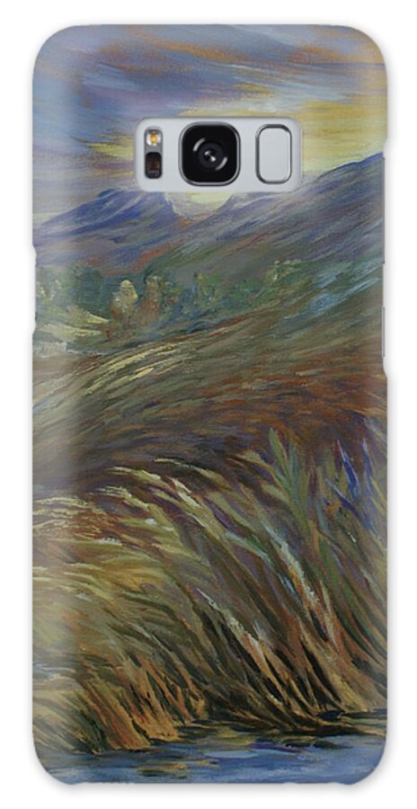 Sunset In Mountains Galaxy Case featuring the painting Sunset in the Mountains by Jo Smoley