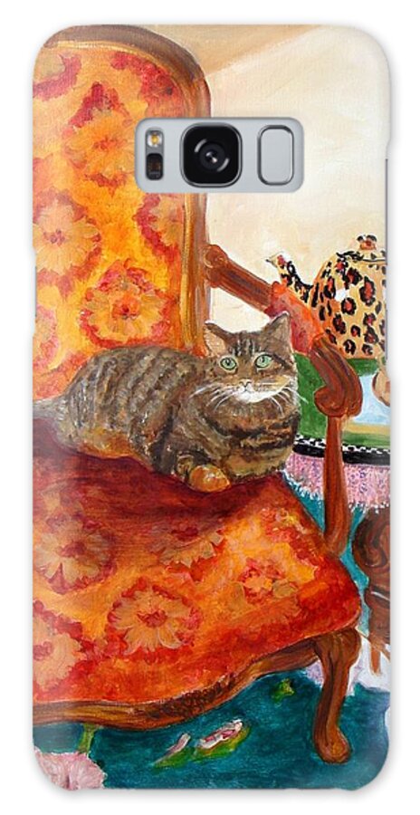 Cat With Teapot Galaxy Case featuring the painting Tea Time with Curious Calvin by Linda Kegley