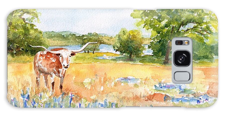 Longhorn Galaxy Case featuring the painting Texas Longhorn and Bluebonnets by Carlin Blahnik CarlinArtWatercolor