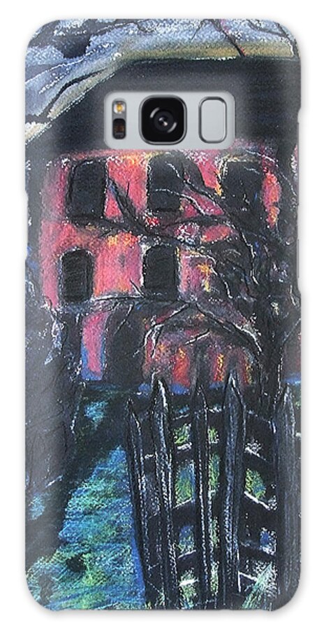 Original Art Pastel Chalk Drawing Red House Tree Fence Galaxy Case featuring the pastel The Red House by Katt Yanda