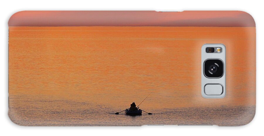 Fishing Row Boat Sea Ocean Peaceful Calm Sunset Red Sky Orange Silver Tranquil Silhouette Serene Galaxy Case featuring the photograph Tranquililty by Linda Hollis