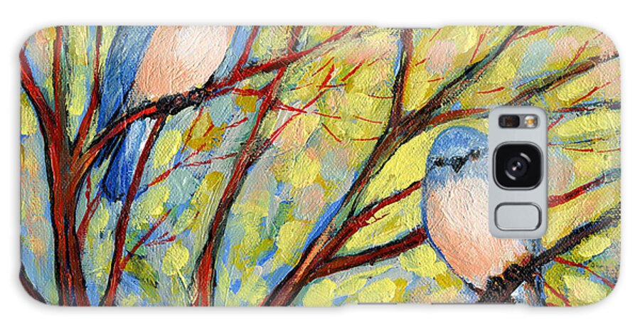 Bird Nature Bluebird Spring Branch Tree Shrub Red Yellow Blue Peach Pink Jenlo Galaxy Case featuring the painting Two Bluebirds by Jennifer Lommers