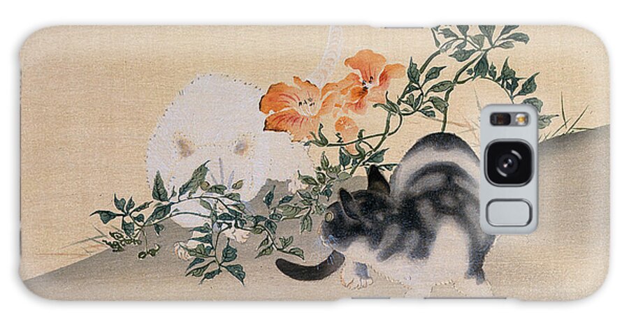 Black; White; Stripes; Striped; Hibiscus; Flower; Flowers; Chat; Chats; Asian; Oriental; Animal Galaxy Case featuring the painting Two Cats by Japanese School