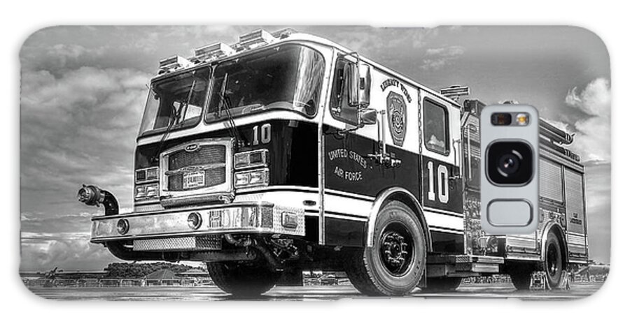 Big Rig Galaxy Case featuring the photograph USAF Lakenheath Fire Truck in Black and White by Gill Billington