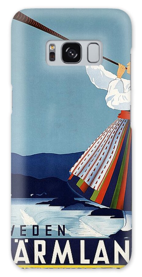 Varmland Galaxy Case featuring the mixed media Varmland, Sweden - Lady in Traditional Dress Blowing Horn - Retro travel Poster - Vintage Poster by Studio Grafiikka