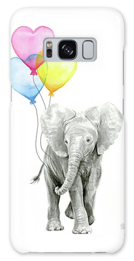 Elephant Galaxy Case featuring the painting Watercolor Elephant with Heart Shaped Balloons by Olga Shvartsur