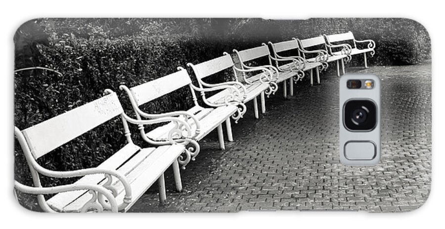 Black And White Galaxy S8 Case featuring the photograph White Benches- by Linda Wood Woods by Linda Woods