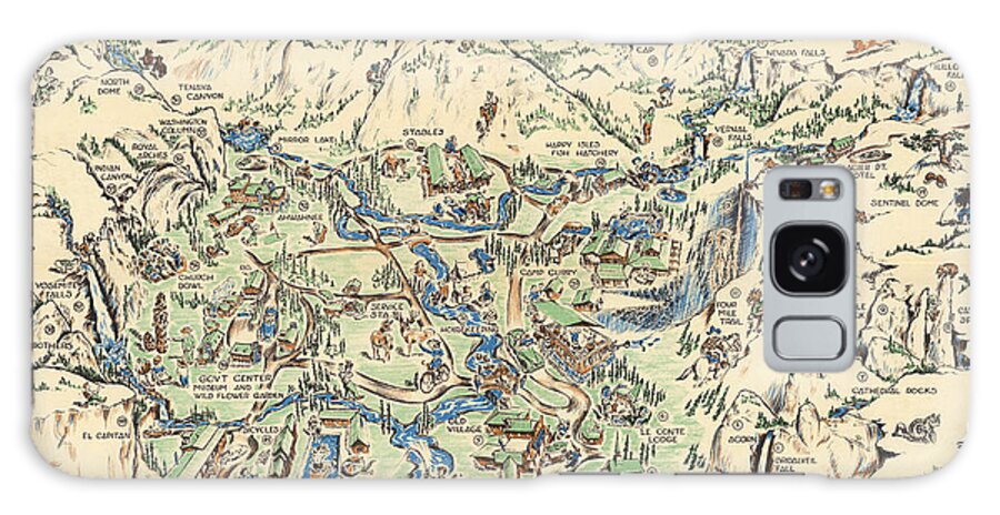 Cartoon Galaxy Case featuring the mixed media Willy Nilly Map - The Valley -Yosemite National Park - Vintage Illustrated Map - Cartoon Vignettes by Studio Grafiikka