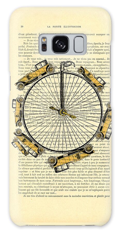 Car Galaxy Case featuring the digital art Yellow oldtimers on a bicycle wheel antique illustration on book page by Madame Memento