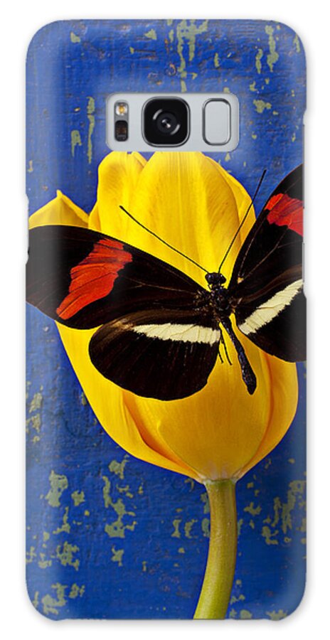 Yellow Galaxy Case featuring the photograph Yellow Tulip With Orange and Black Butterfly by Garry Gay