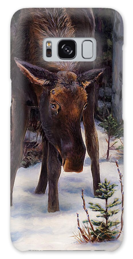 Alaskan Wildlife Galaxy Case featuring the painting Young Moose and Snowy Forest Springtime in Alaska Wildlife Home Decor Painting by K Whitworth