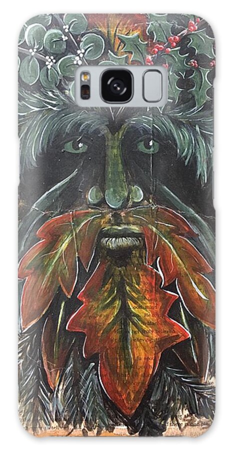This Yuletide Green Man Celebrates The Earth And All Its Winter Bounty. It Is Painted In Acrylic Over The Top Of Pages From My Fantasy Novel Rowan Of The Wood Decoupaged On Repurposed Wood. Galaxy Case featuring the painting Yuletide Green Man by Christine Marie Rose