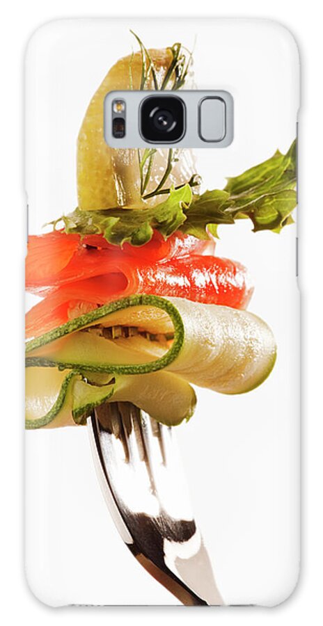 White Background Galaxy Case featuring the photograph Healthy Salmon Salad On A Fork #1 by Martin Harvey