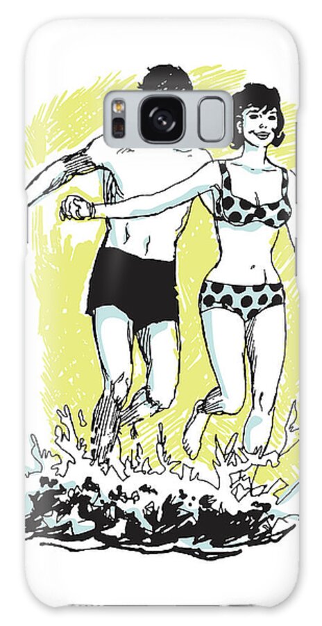 Affection Galaxy Case featuring the drawing Male and Female Couple in Bathing Suits Running in Surf #1 by CSA Images