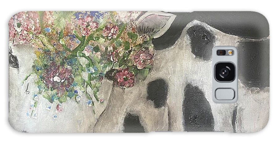 Cow Flowers Whimsical Farm Nature Black White Moo Galaxy Case featuring the painting Moona Lisa #1 by Kathy Bee
