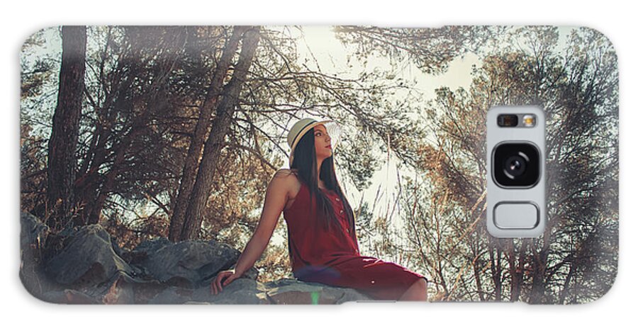 Nature Galaxy Case featuring the photograph Woman In A Forest Sitting On Rocks In A Sunny Spring Day #1 by Cavan Images