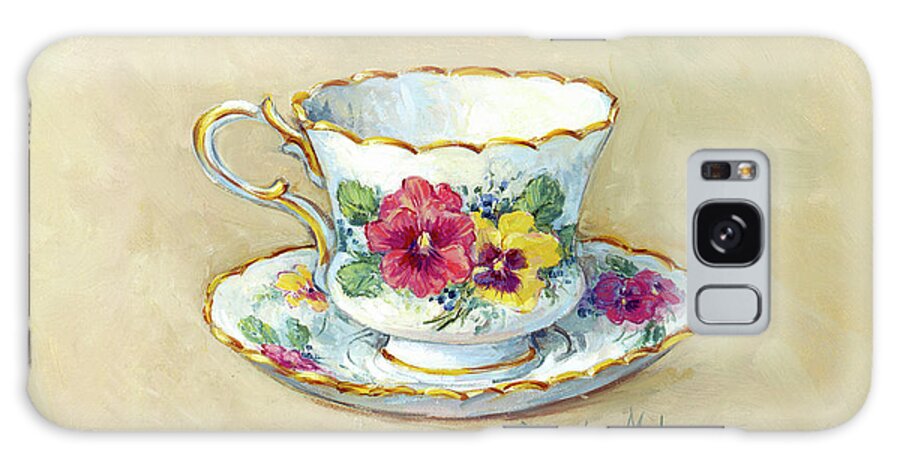 Pansy Teacup Galaxy Case featuring the painting 1568 Pansy Teacup, Beige Bkg by Barbara Mock