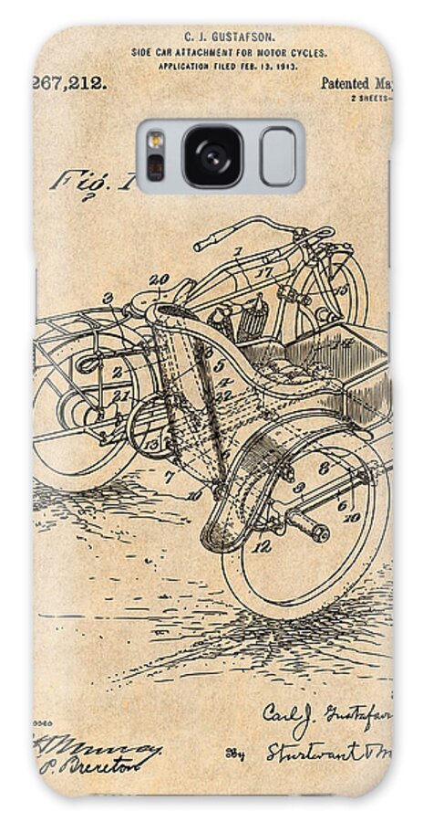 1913 Side Car Attachment For Motorcycle Patent Print Galaxy Case featuring the drawing 1913 Side Car Attachment for Motorcycle Antique Paper Patent Print by Greg Edwards
