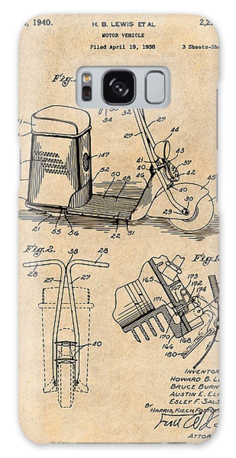 1938 Salsbury Motor Glide Scooter Patent Print Galaxy Case featuring the drawing 1938 Salsbury Motor Glide Scooter Patent Print Antique Paper by Greg Edwards