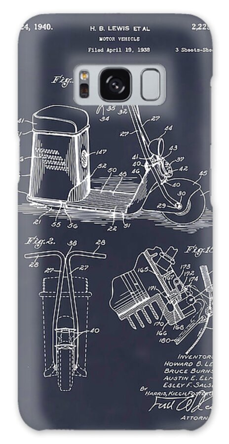1938 Salsbury Motor Glide Scooter Patent Print Galaxy Case featuring the drawing 1938 Salsbury Motor Glide Scooter Patent Print Blackboard by Greg Edwards
