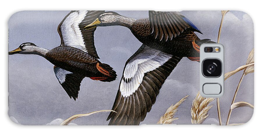Two Black Ducks Flying Over A Field Galaxy Case featuring the painting 1982/1983 Black Ducks #19821983 by Wilhelm Goebel