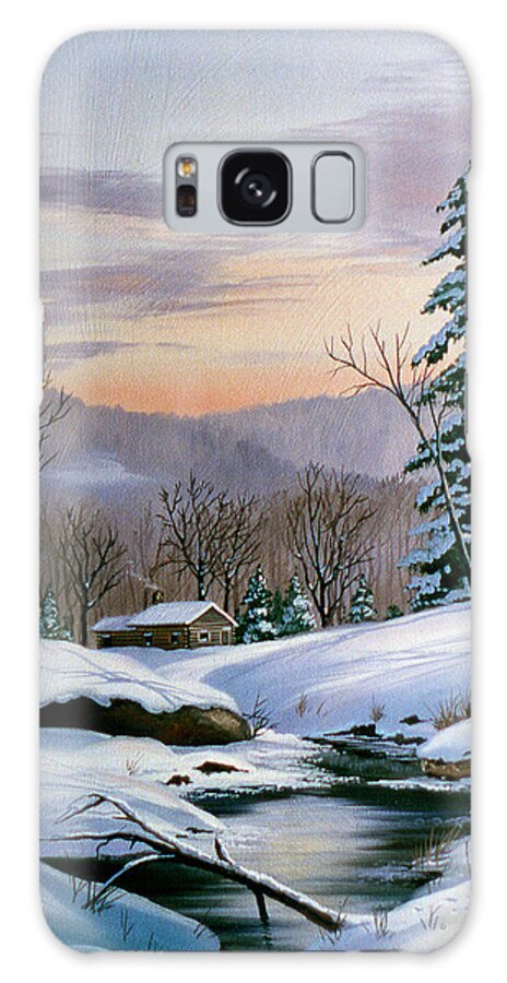 Log Cabin On Winter Stream In Early Evening Galaxy Case featuring the painting 39 by Thomas Linker