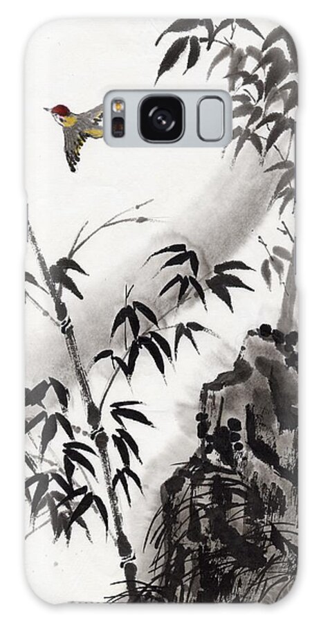 Scenics Galaxy Case featuring the digital art A Bird And Bamboo Leaves, Ink Painting by Daj