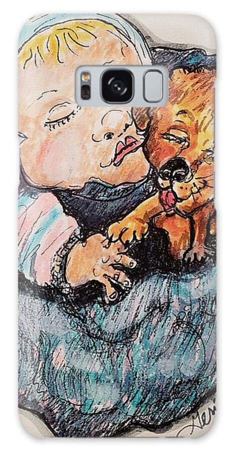 Child Galaxy S8 Case featuring the mixed media A Child and His Puppy Nap Time by Geraldine Myszenski