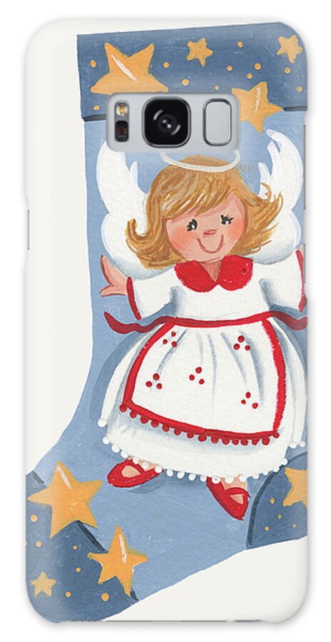 Angle With Gold Stars On Blue Stocking Galaxy Case featuring the painting Angel Girl Stocking by Beverly Johnston