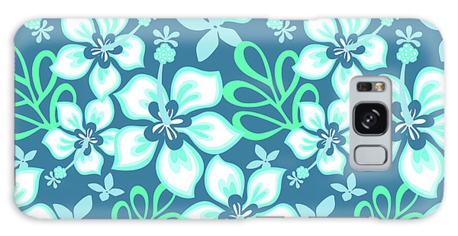 Botanical Galaxy Case featuring the digital art Aqua and White Hawaiian Hibiscus Flower Bloom Pattern on Blue by PIPA Fine Art - Simply Solid