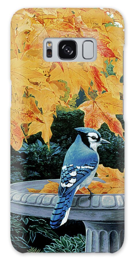 Bluejay Perched On A Birdbath With Autumn Leaves In It Galaxy Case featuring the digital art Autumn Birdbath by Ron Parker